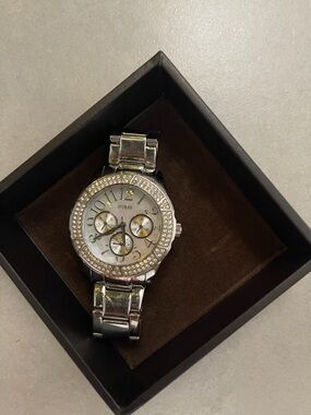 GUESS Silver Watch with Gold-Tone Accents and Crystal Bezel